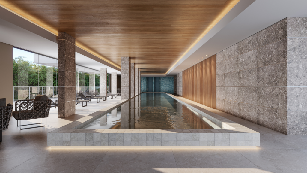 A piscina interna do Reserva Colina permitirá a prática da natação indoor, além do lazer. Materiais nobres, somados a uma iluminação natural e mobiliário de design, fazem deste espaço um ambiente acolhedor. (Imagem: Grupo Avantti)
